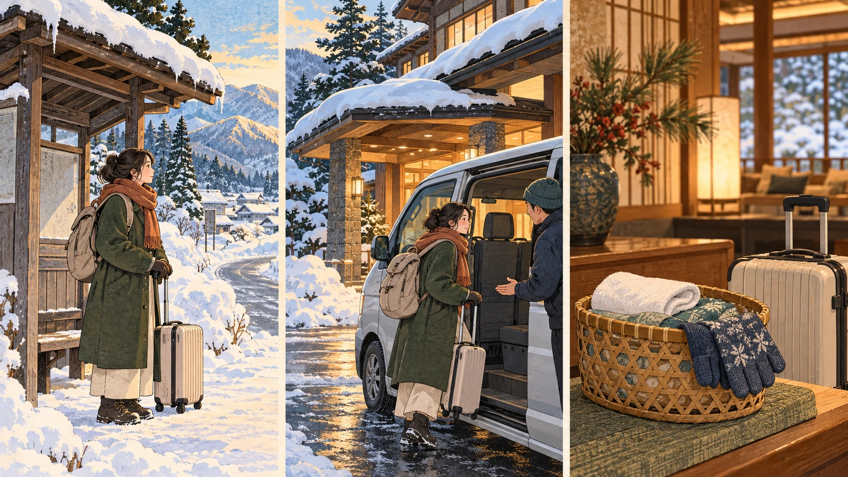 Three situations show travellers waiting in snow with luggage, approaching a van at an inn entrance, and a bath basket holding towels and gloves.