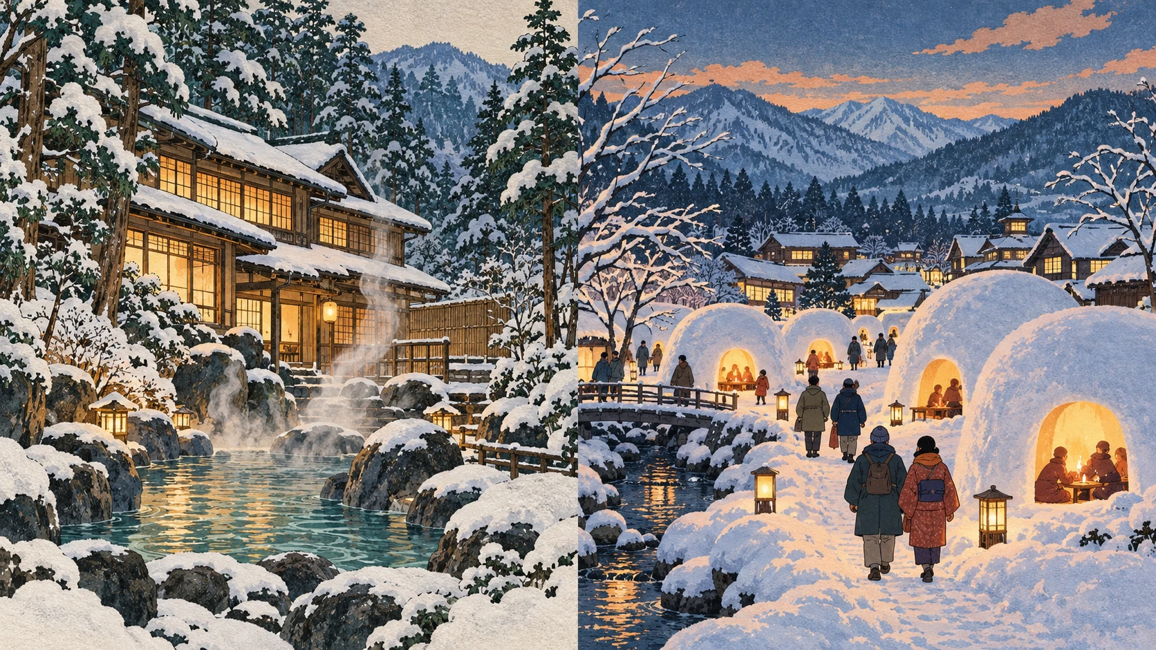 左側是積雪森林裡亮著暖燈的木造旅館與冒蒸氣浴池,右側旅人在黃昏雪屋街道間步行。