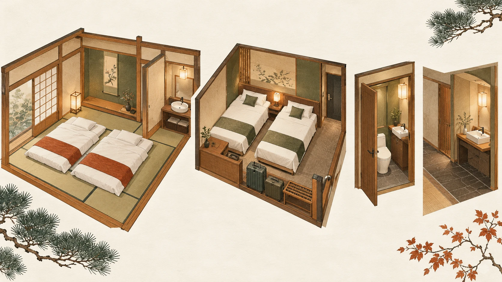 A cutaway concept compares two futons on tatami, a twin bedroom, a separate toilet and a corridor washbasin.