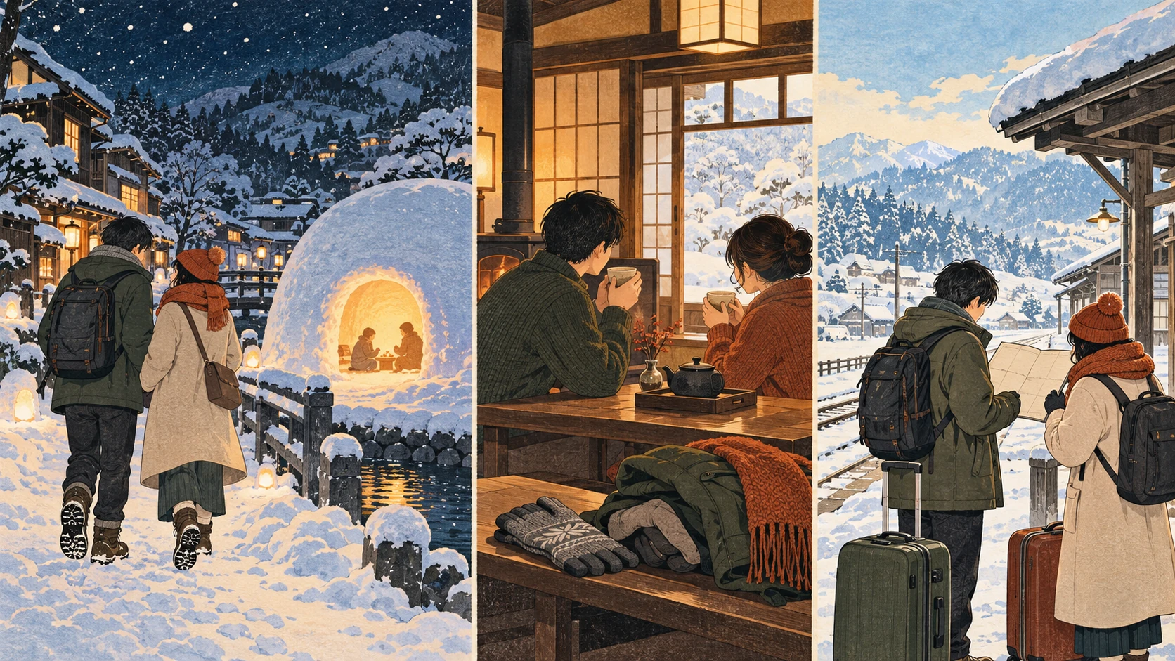Two travellers walk slowly beside snow houses, rest with cups indoors and, in another daytime scene, check a route sheet with luggage.