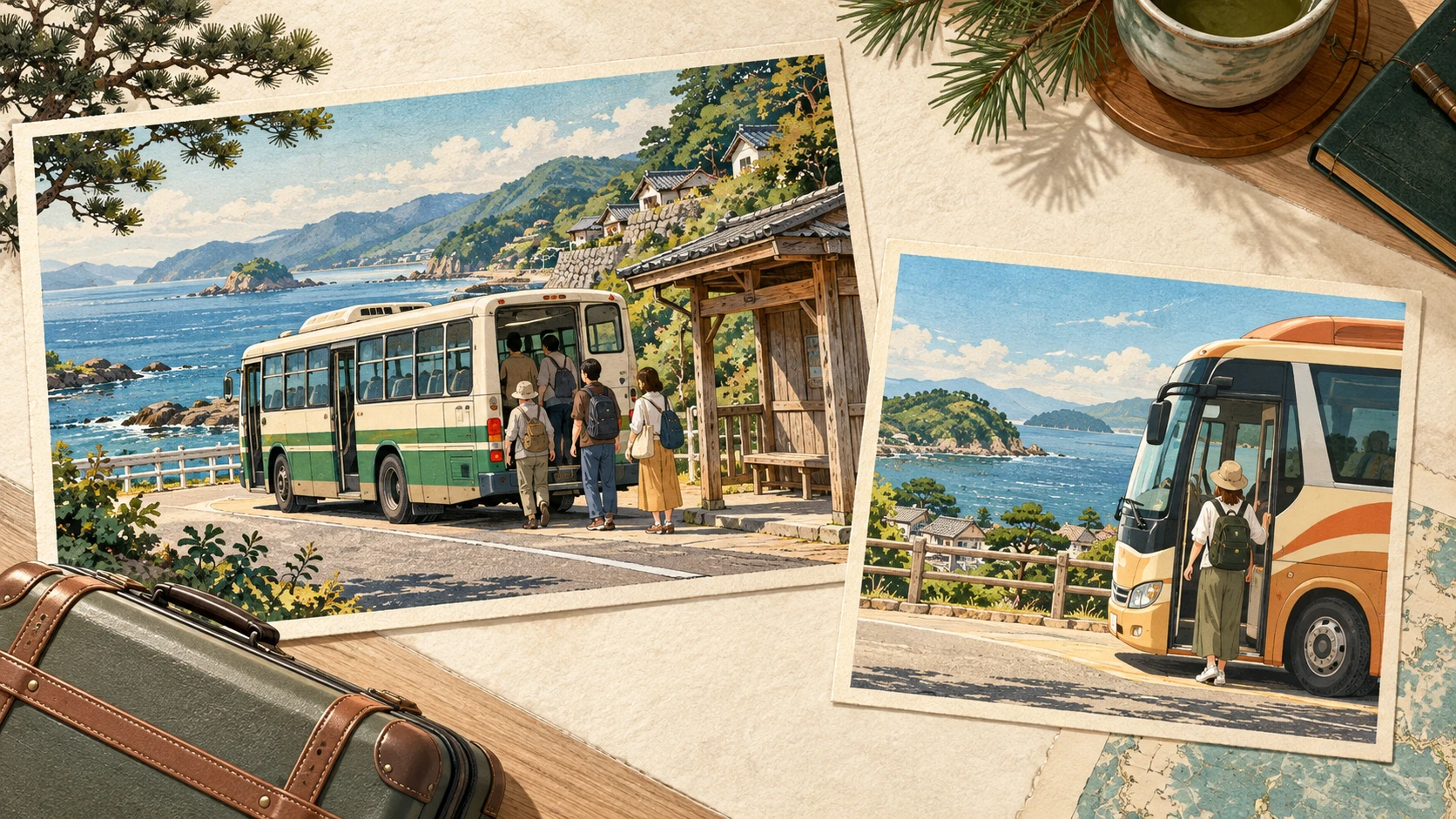 Auf einem Tisch liegen zwei Küstenbusbilder: links steigen Reisende hinten in einen grünen Bus, rechts steigt eine Reisende vorn in einen orangefarbenen Bus; daneben liegt ein Koffer.