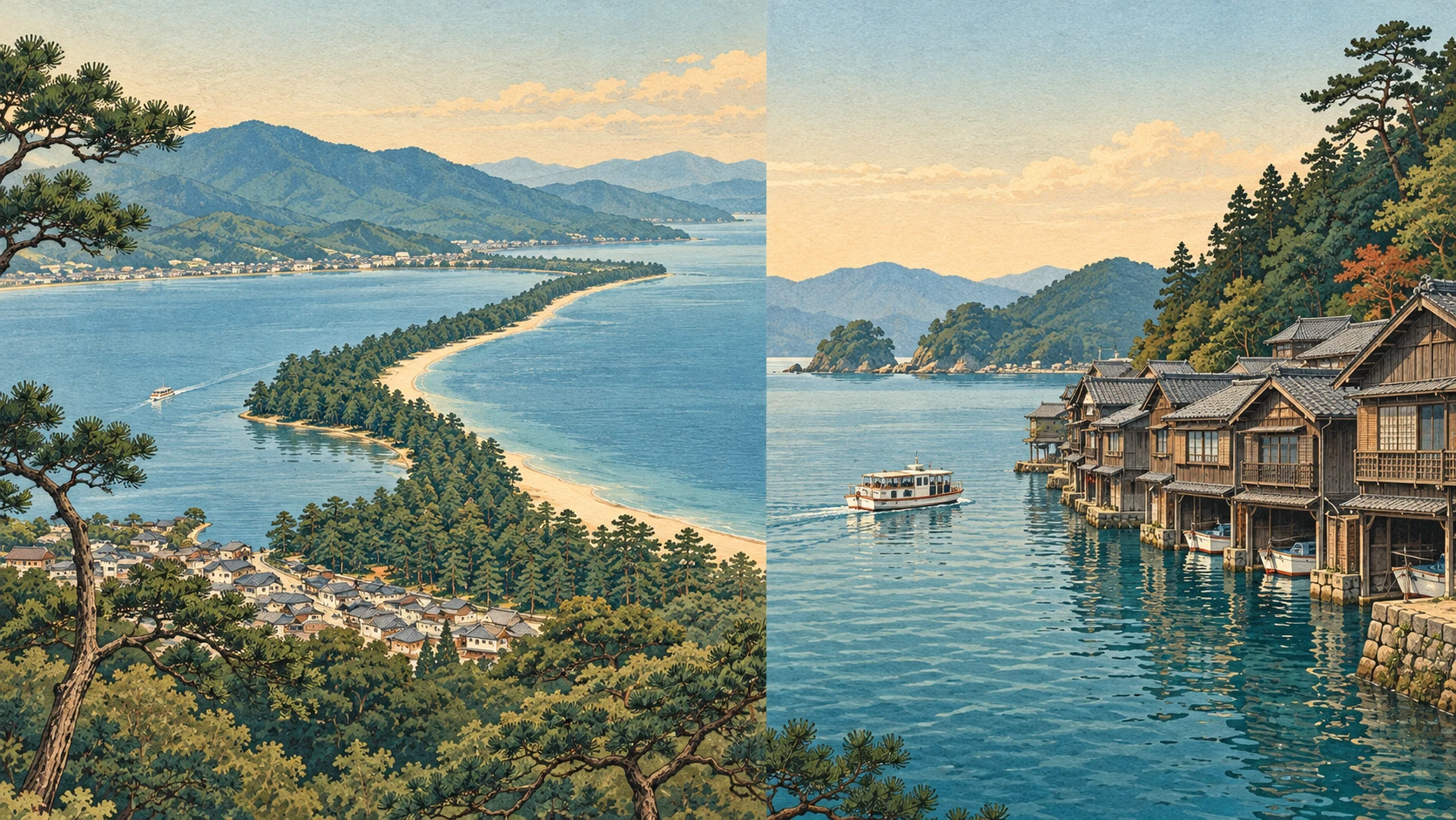 左右分隔的兩個畫面,左側從山上俯看松林沙洲與海灣,右側是木造舟屋沿著海面排列、前方有小船。