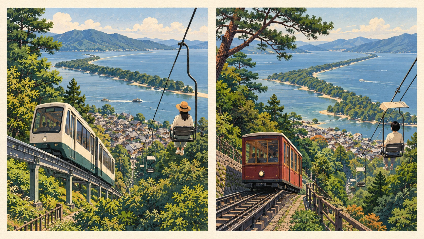 Zwei Ansichten der Sandbank nebeneinander: links ein Fahrzeug auf erhöhter Schiene und ein Einzelsessellift, rechts eine rote Standseilbahn und ein Sessellift.