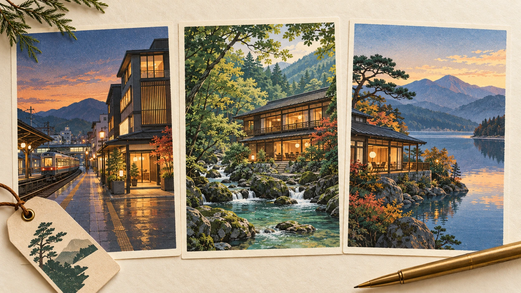 Drei Karten auf einem Tisch zeigen ein Gebäude am Bahnhof, ein zweigeschossiges Hotel am Bach und eine Unterkunft zum Bergsee.