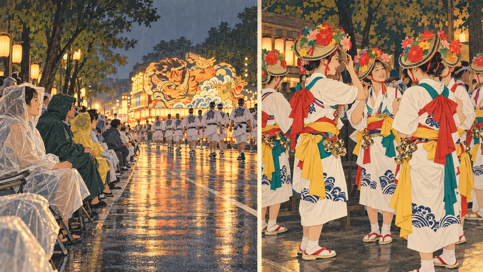 Links sitzen Zuschauer in Regenkleidung am Laternenzug, rechts richten Haneto am Treffpunkt weiße Yukata, bunte Bänder und Blumenhüte.