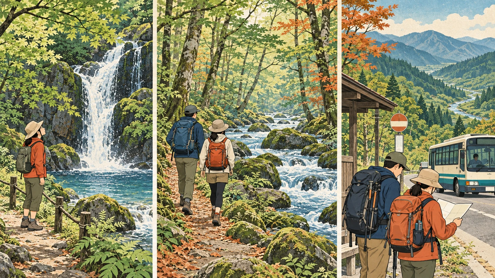 Drei getrennte Szenen zeigen einen Halt am Wasserfall, zwei Wandernde am Waldbach und eine Routenkarte neben einem stehenden Bus.