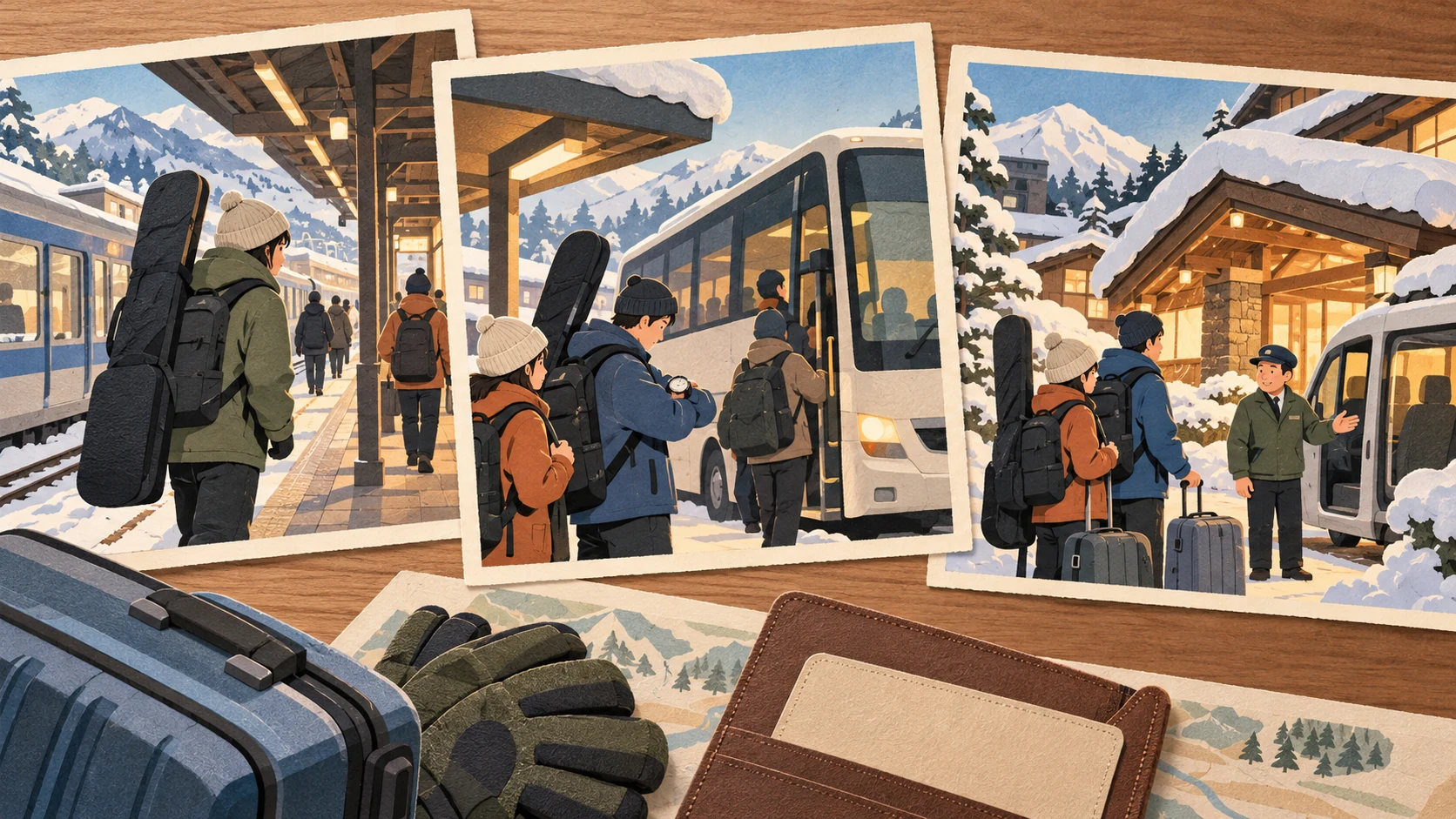Three travel cards on a table show a traveler carrying ski gear off a railway platform, checking a watch before boarding a bus, and confirming a pickup outside a snowy lodging.