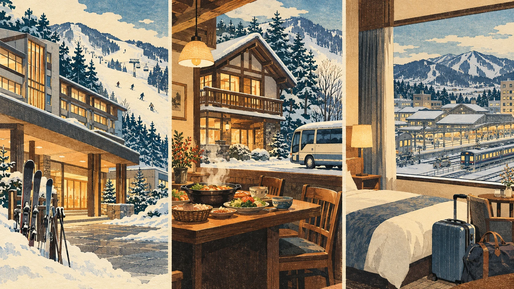 Three panels compare an entrance beside a ski run, a pension dining table with a vehicle outside, and a city guestroom concept overlooking a train.