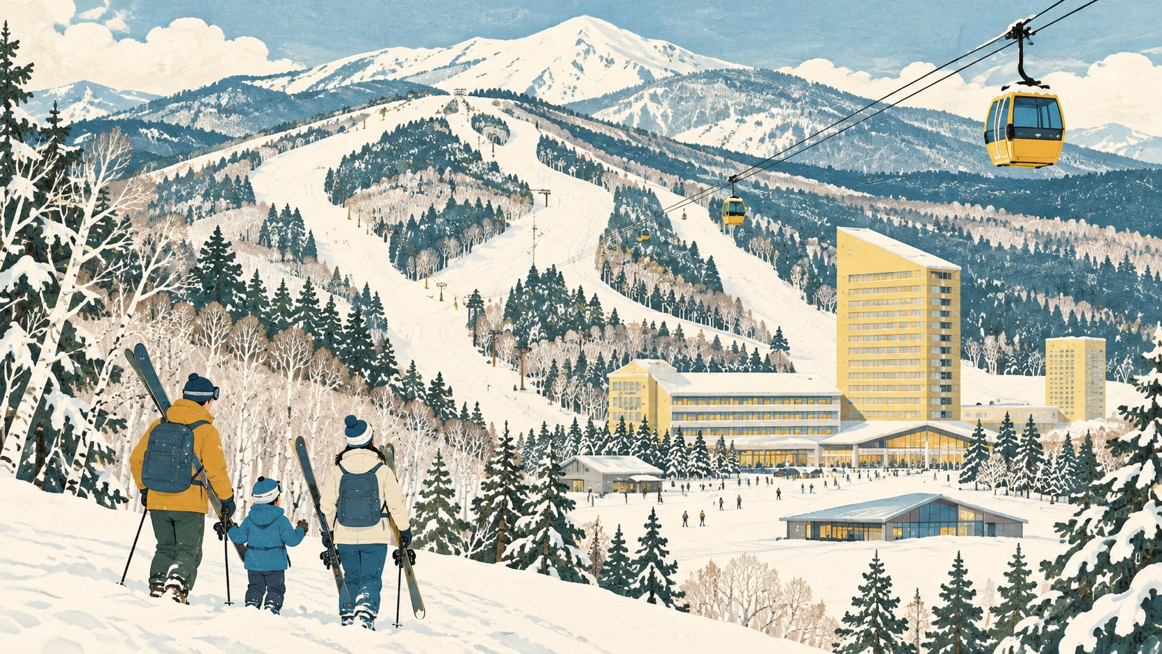 Unter einem verschneiten Hang mit gelber Gondel stehen gelbe Resortgebäude; im Vordergrund geht eine Familie mit Skiausrüstung zum Fuß des Berges.