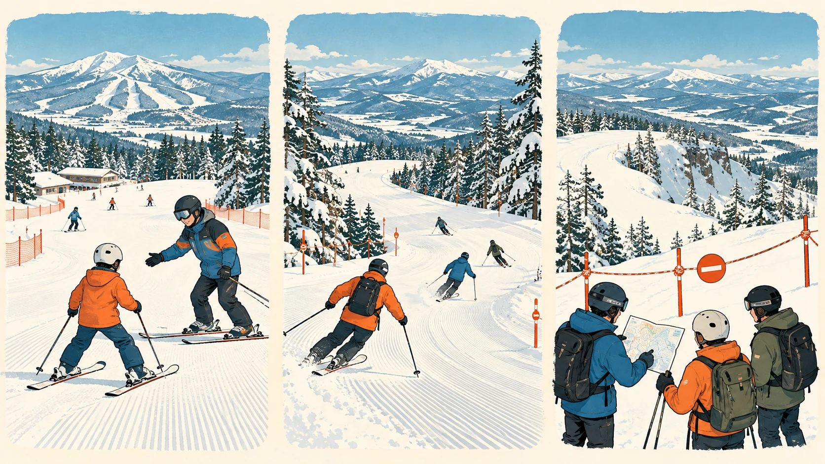 Three panels show an instructor helping a beginner, a skier following a marked run, and three people checking a map before a closure rope.