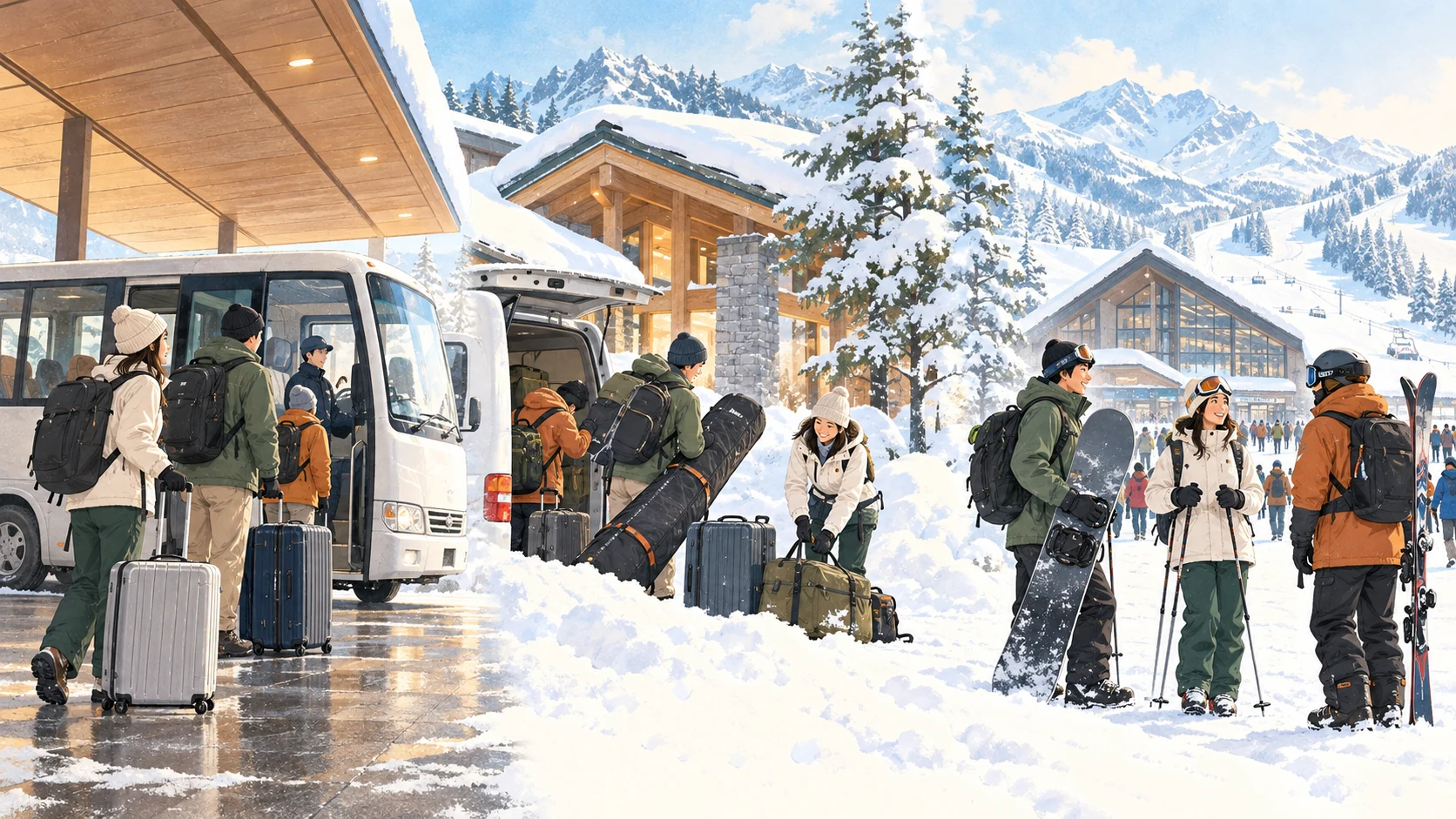 Three scenes show travelers with luggage waiting beside a bus, moving a ski bag beside a van, and three equipped travelers talking outside a ski-base building.