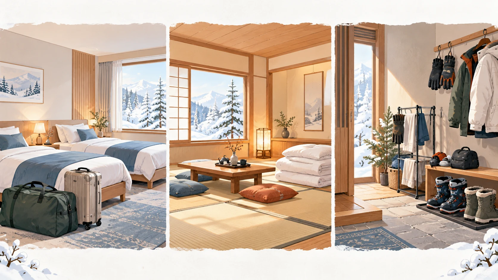Room concepts place two single beds and suitcases beside a tatami space with folded bedding and an entrance storing ski clothing and boots.