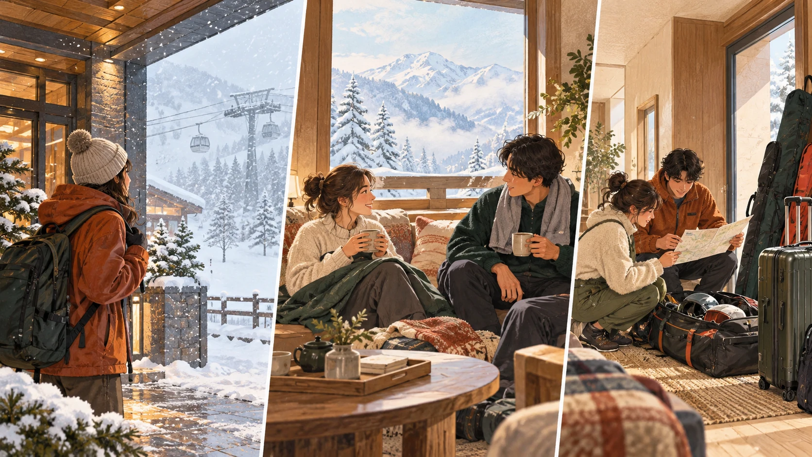 A traveler watches blowing snow from under an eave, two companions share hot drinks indoors, and another scene shows people checking a route sheet beside luggage and ski gear.