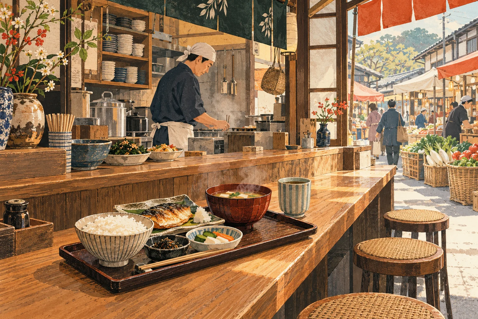 Original illustration of a small Japanese diner with a cook and a meal of grilled fish, rice and miso soup