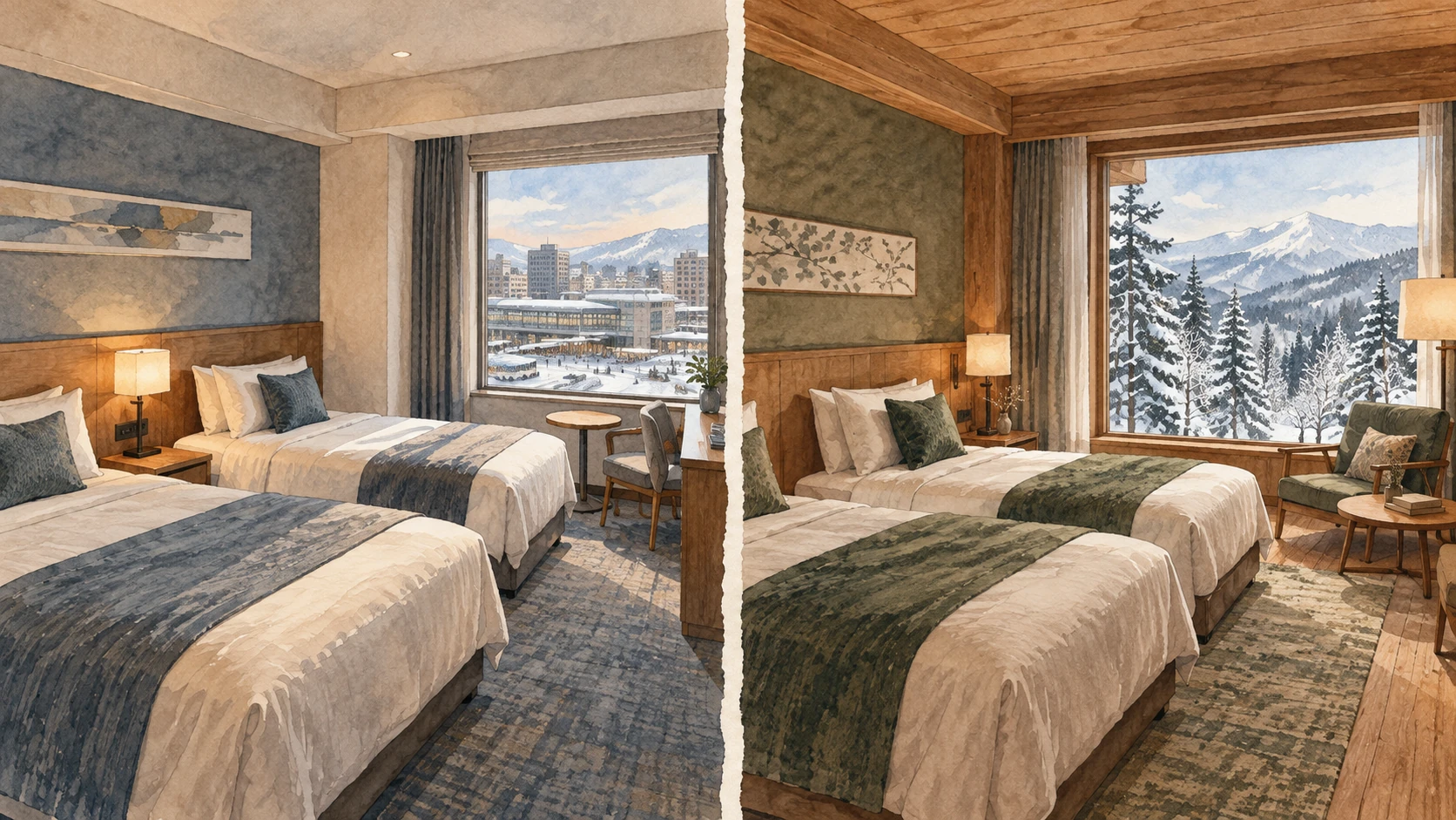 Two separate twin-room scenes show a city station outside the left window and snowy forest and mountains outside the right.