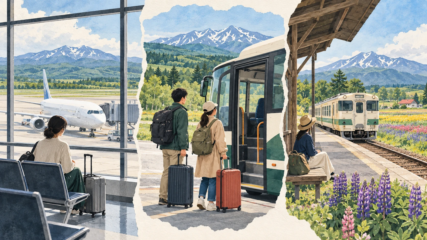 Three separate scenes show waiting at an airport, travelers with rolling luggage preparing to board a bus, and a railway platform beside flower fields.