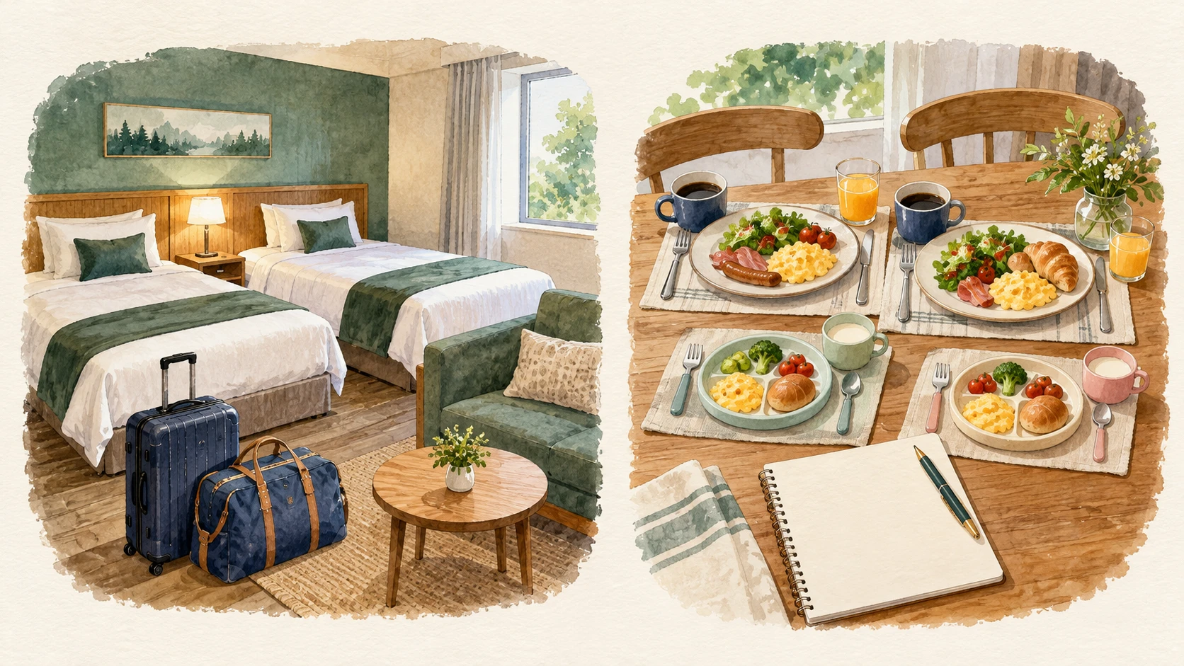 Two separate panels show a twin room and a breakfast table for four, with two adult portions and two smaller meals.