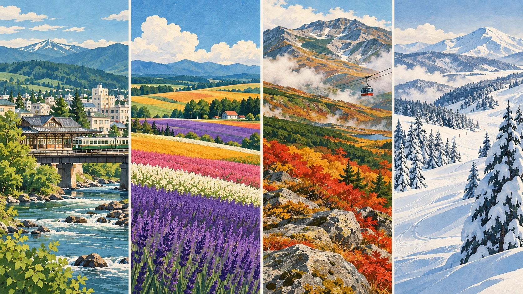 Vier getrennte Ansichten zeigen einen Zug in einer Stadt am Fluss, sommerliche Blumenfelder, eine Bergbahn in Herbstfarben und einen verschneiten Winterhang.