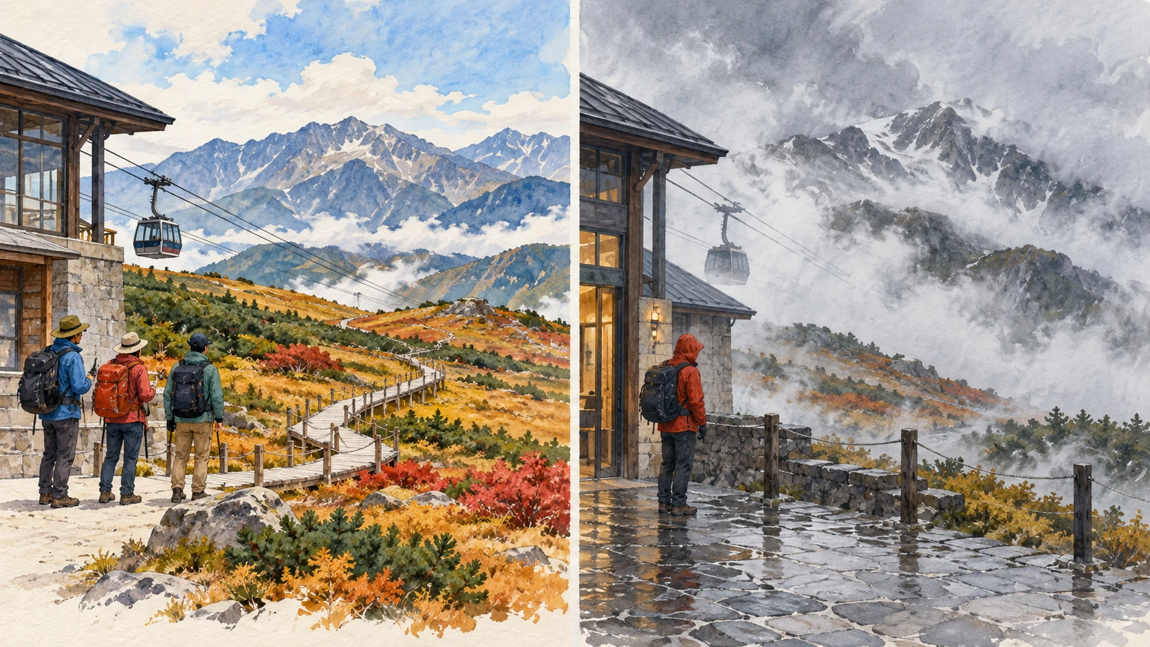 On the left, travelers beside a mountain ropeway station look toward an autumn boardwalk; on the right, a rain-coated traveler remains outside the station in low cloud.