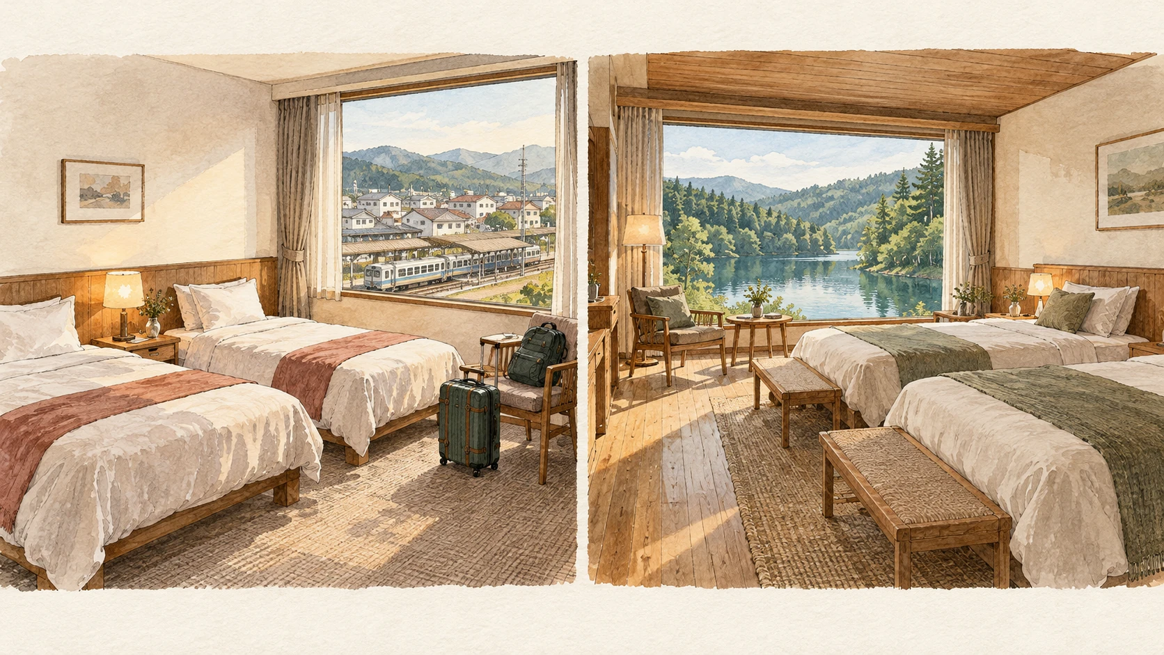 Zwei getrennte Twin-Zimmerkonzepte, links mit Stadtbahnhof vor dem Fenster, rechts mit Wald und See.