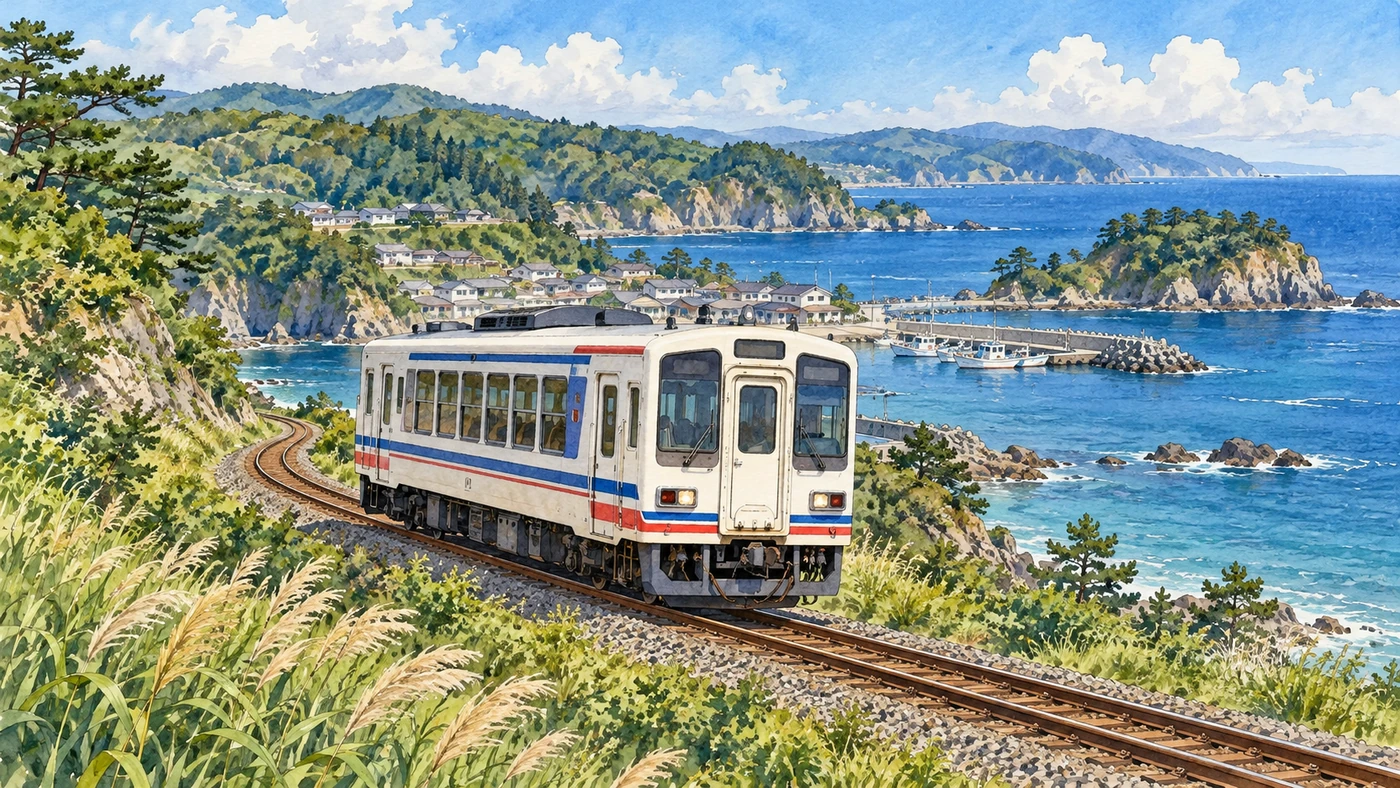 水彩插畫呈現白色紅藍條紋地方列車沿海岸軌道行駛，後方是海灣、漁港與山坡聚落。