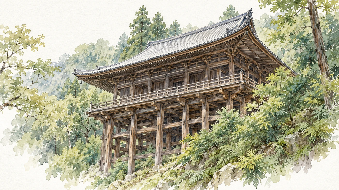 水彩插畫中，木造佛堂伸出林間坡地，下方高柱與橫梁支撐廊台。