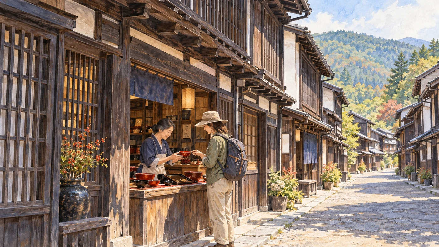 水彩插畫呈現旅人在町家店前觀看漆碗，街屋有深簷、出梁與木格窗。
