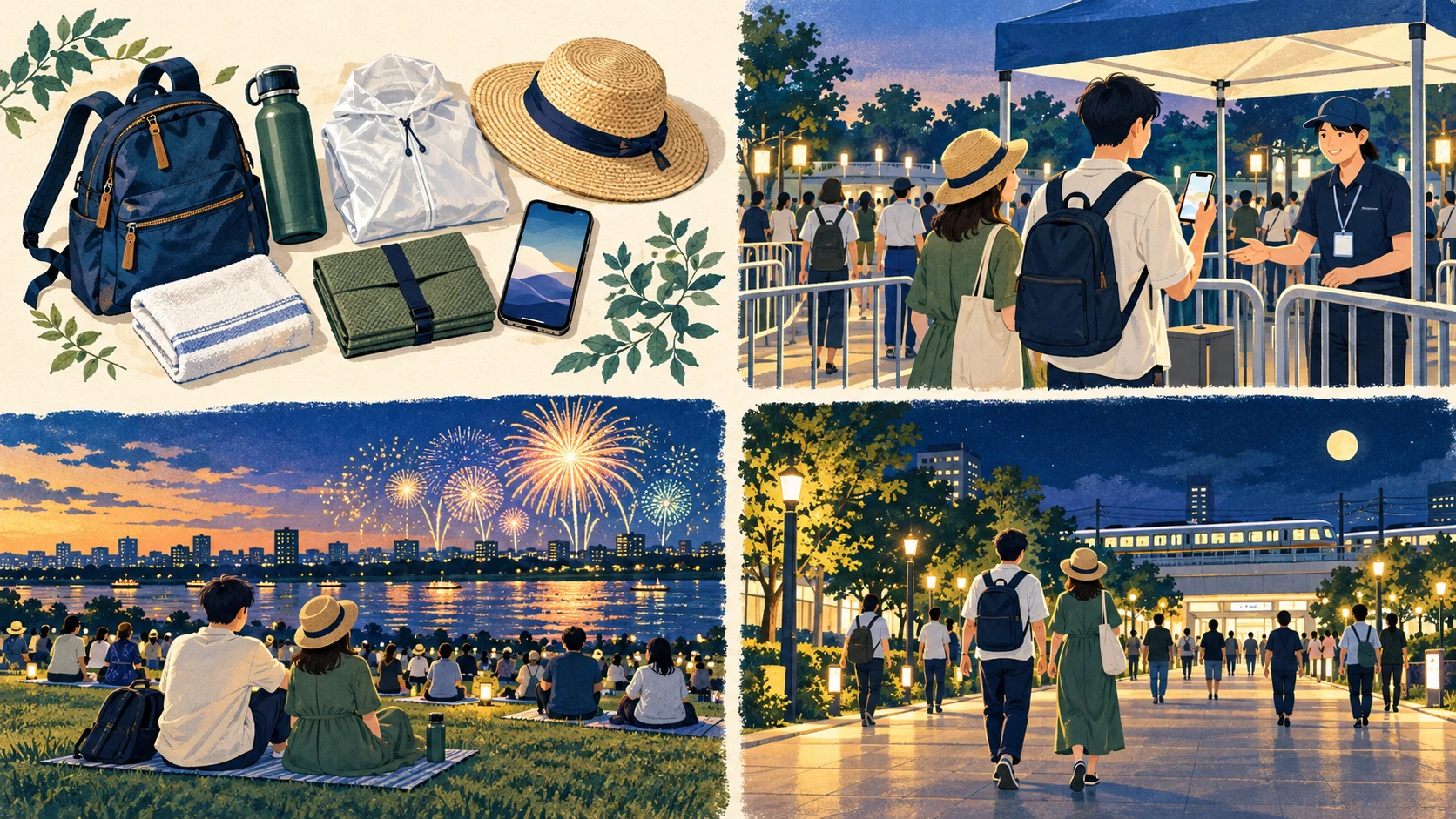 Four panels show personal equipment, checking admission details on a phone, watching riverside fireworks and walking to a station.