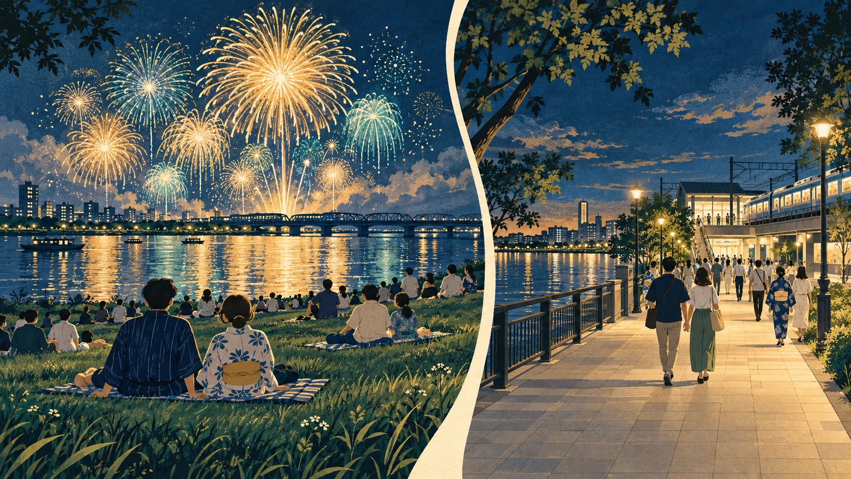 A riverside grass viewing scene on the left and travelers walking along a waterfront path toward a station on the right.