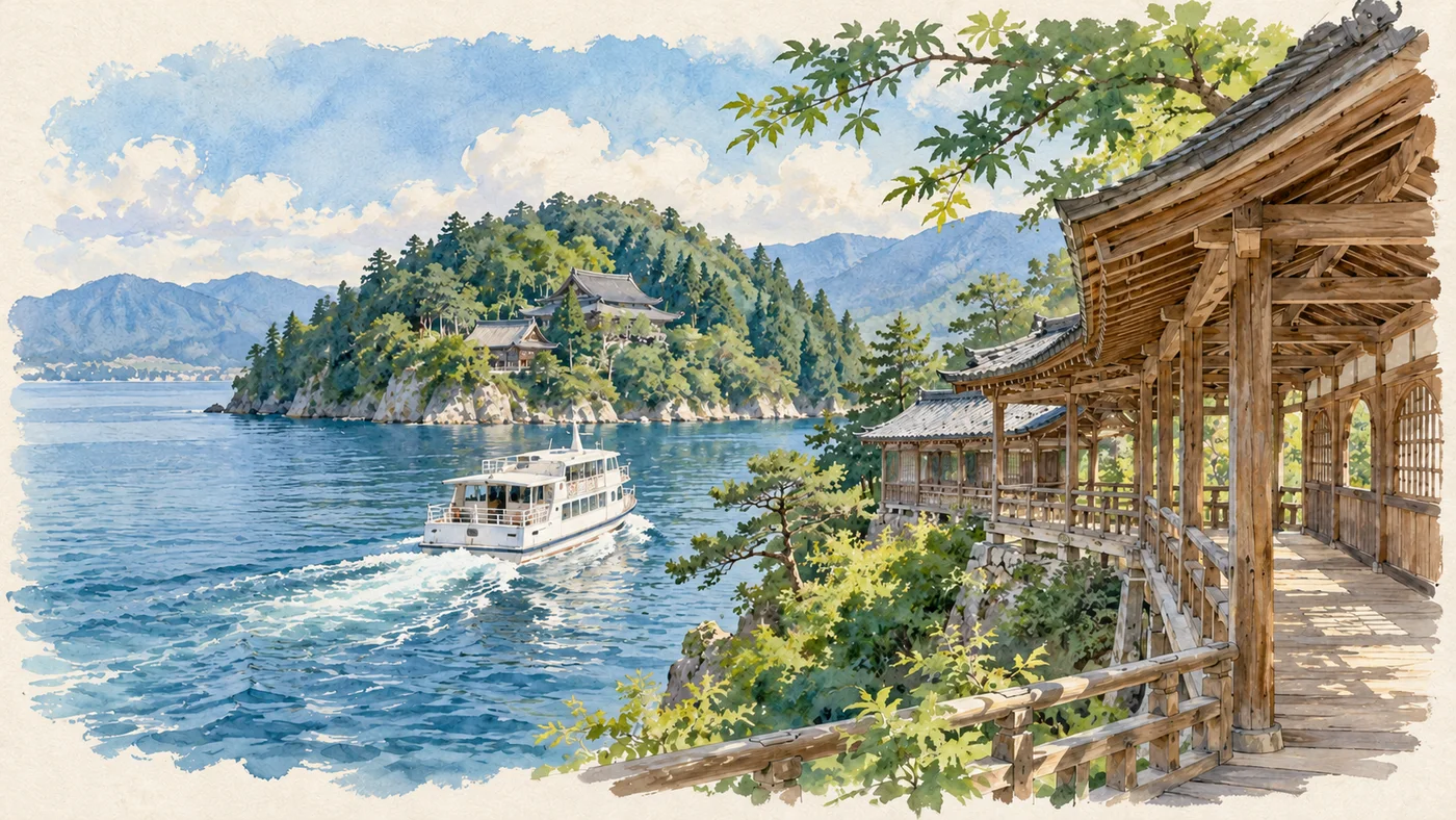 水彩插畫呈現客船駛向林木覆蓋的湖中島嶼，旁側為有屋簷、木柱與格窗的寺院廊下。