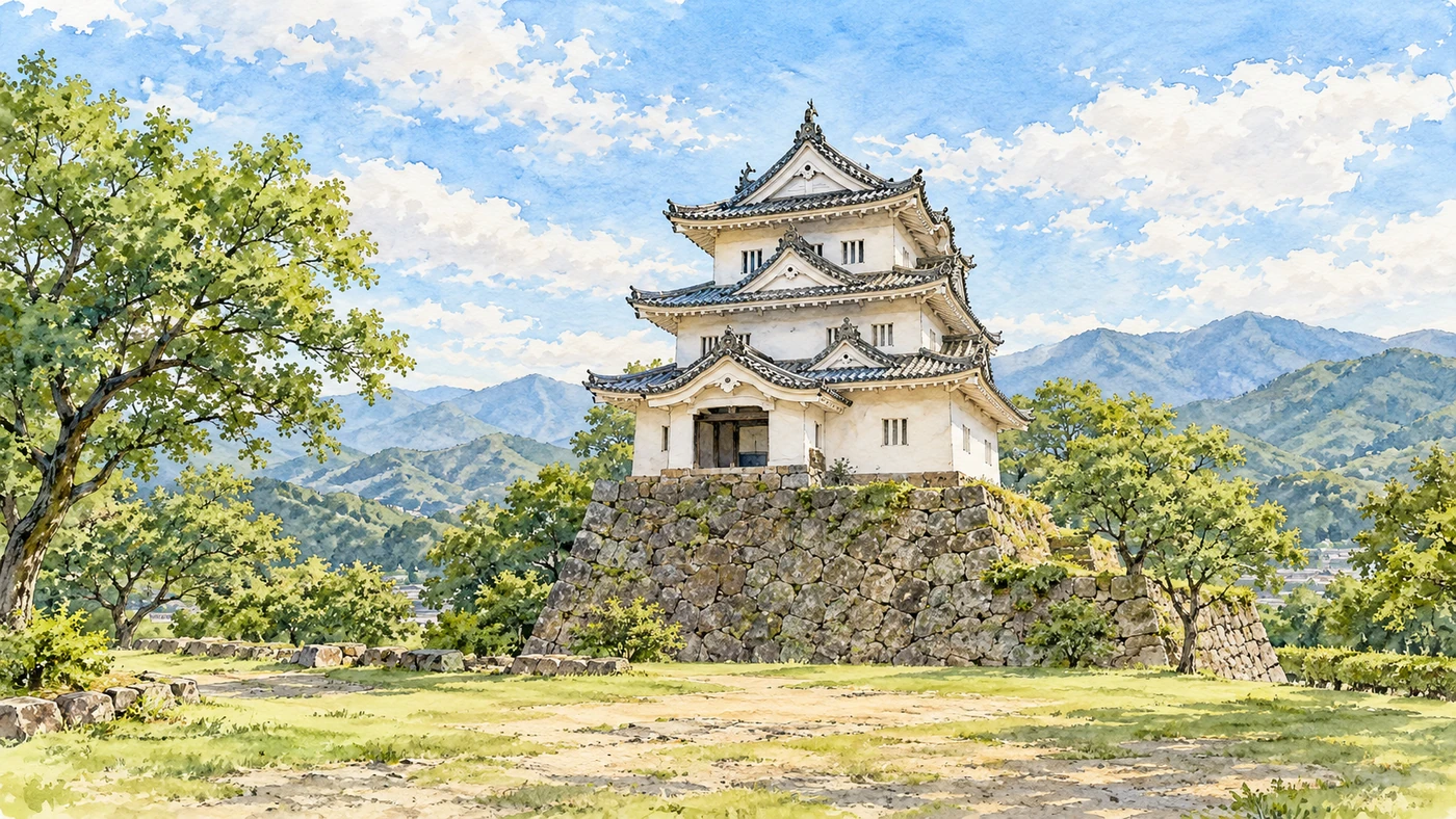 水彩插畫以宇和島城山為題,白色天守與灰瓦屋頂立在不規則石垣上,周圍是綠樹與淡藍山景。