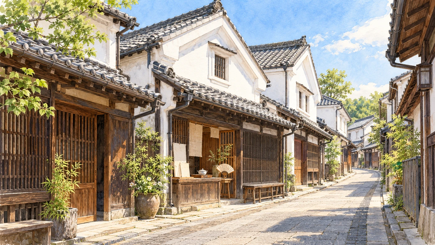水彩插畫中，白壁町屋與黑木格門面沿八女福島風格的窄街排列，木造門前擺著茶碗、手工紙與紙扇。