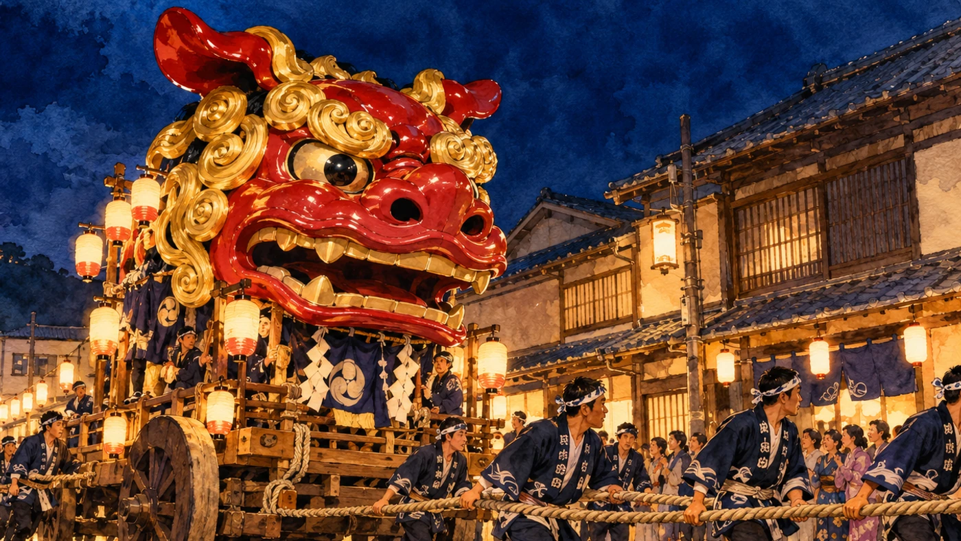 水彩插畫呈現夜間街道上的紅色獅頭曳山、木台車、提燈與拉行隊伍。