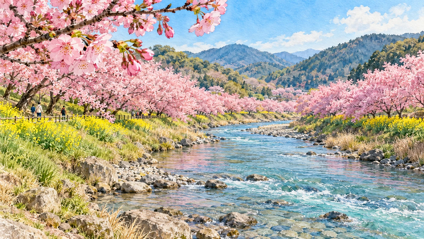 水彩插畫呈現河津川兩岸的粉紅櫻花、黃色菜花與清澈河流。