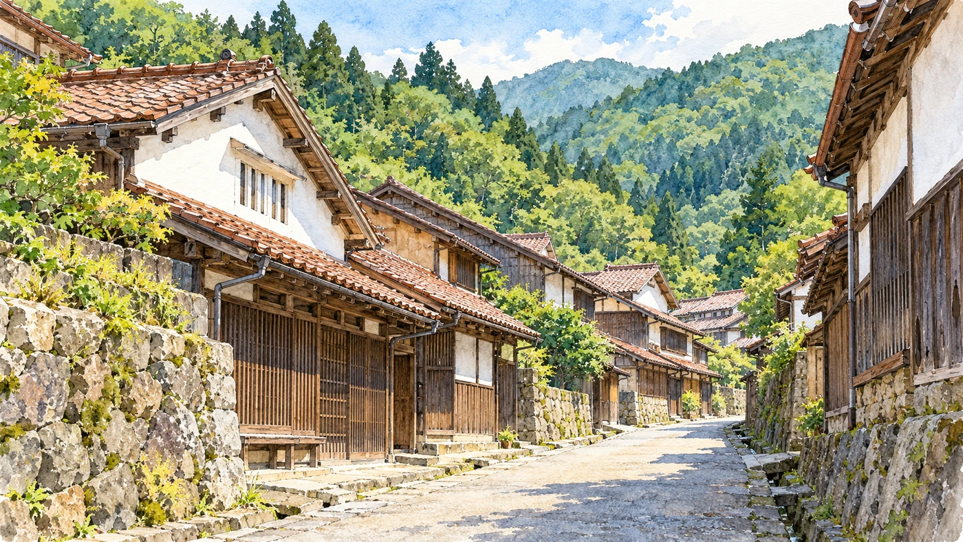 水彩插畫呈現石見銀山大森的紅褐瓦頂、木造格子町屋、石牆與谷地山林。