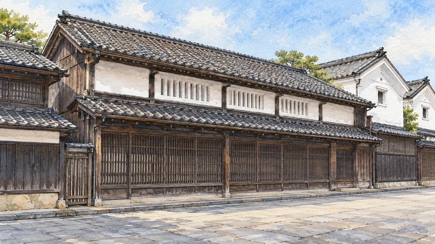 水彩插畫呈現富山岩瀨港町的灰褐瓦頂、白牆、木造格子與商家長立面。