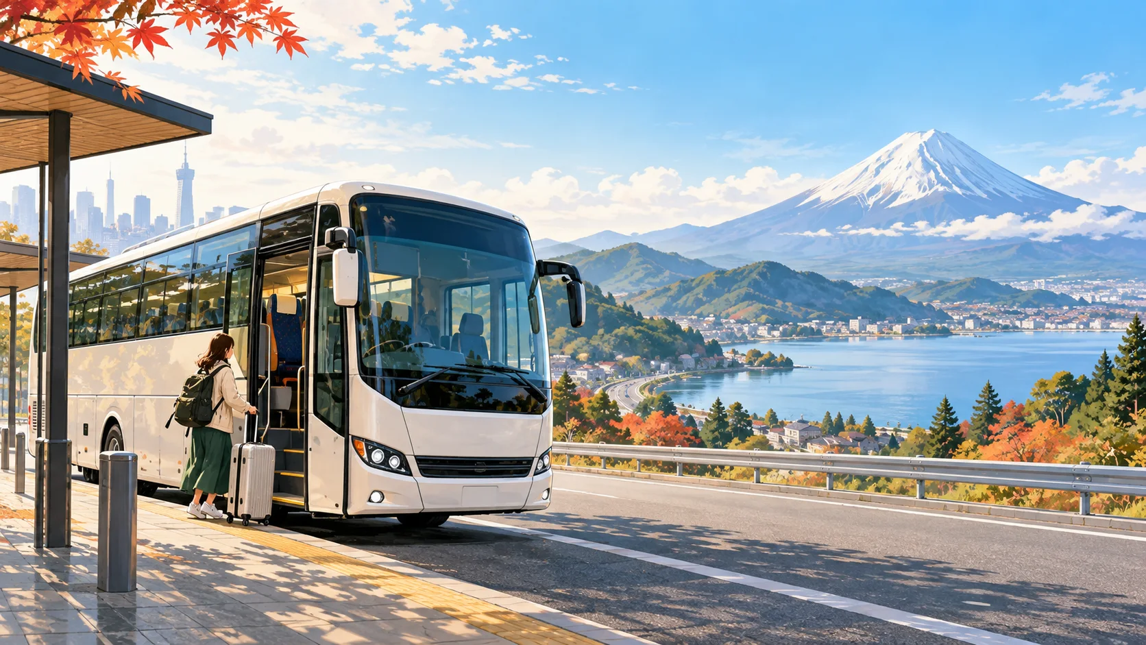 A white coach beside a shelter and a traveler with a suitcase, with a city skyline, lake and Mount Fuji combined in the background.