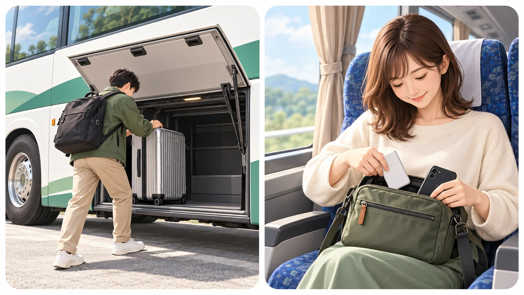 On the left, a traveler places a suitcase in a coach’s underfloor compartment; on the right, a seated passenger keeps a phone and power bank in a small bag on their lap.