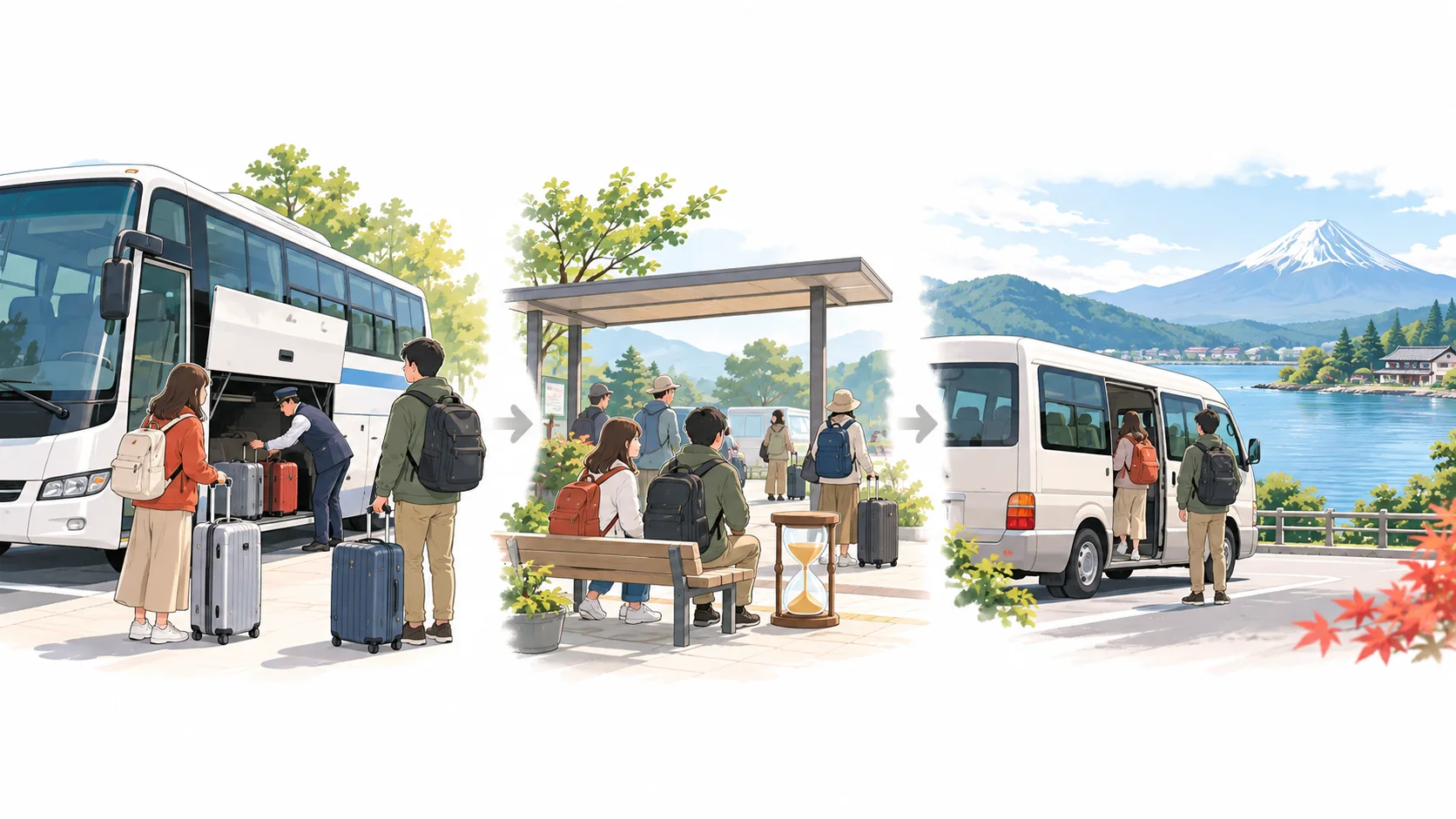 Three connected scenes show luggage collection from a coach, a waiting bench with an hourglass, and a traveler boarding a white lakeside shuttle.
