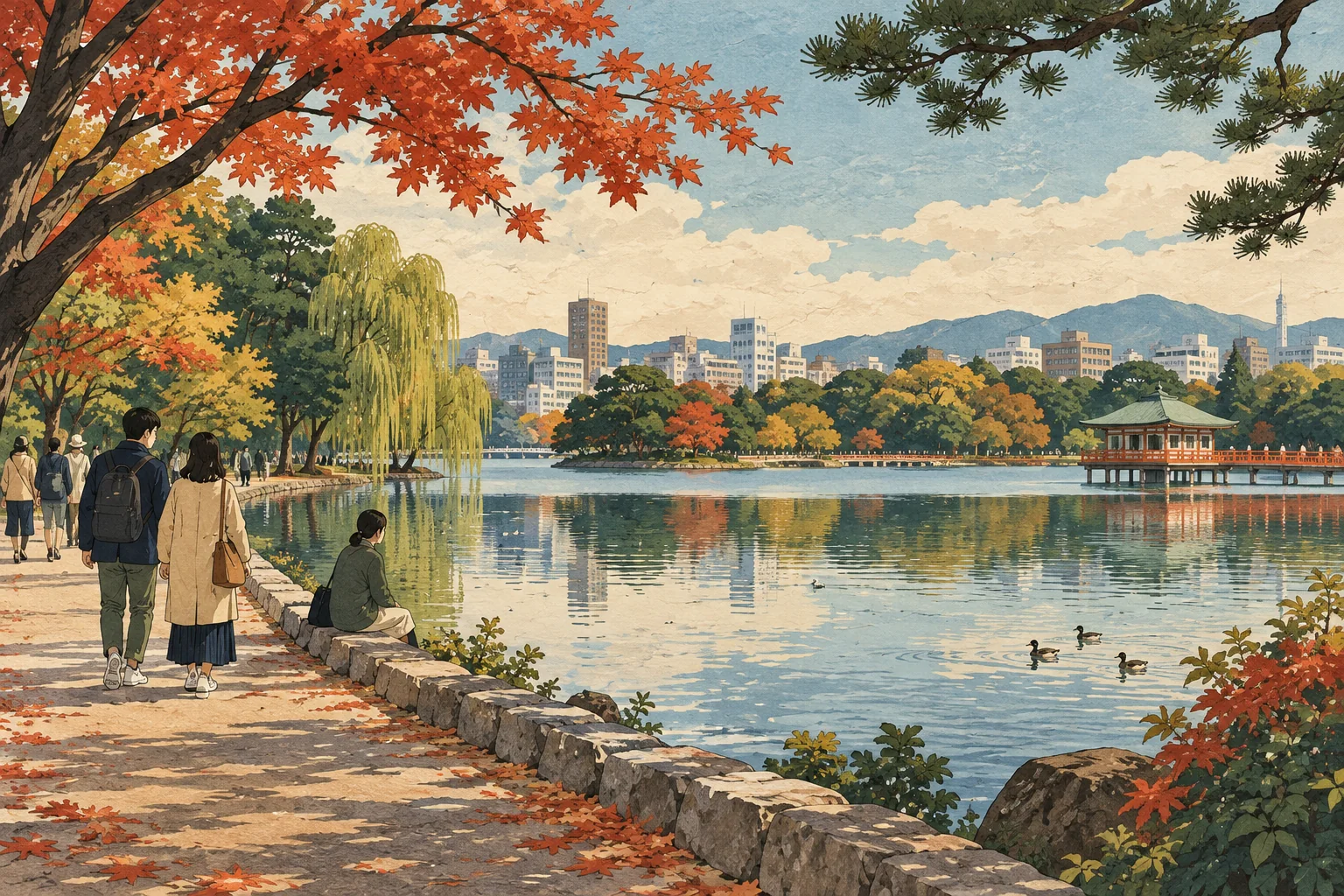 Illustration originale d’une promenade automnale au bord du lac du parc Ohori à Fukuoka, avec arbres et promeneurs
