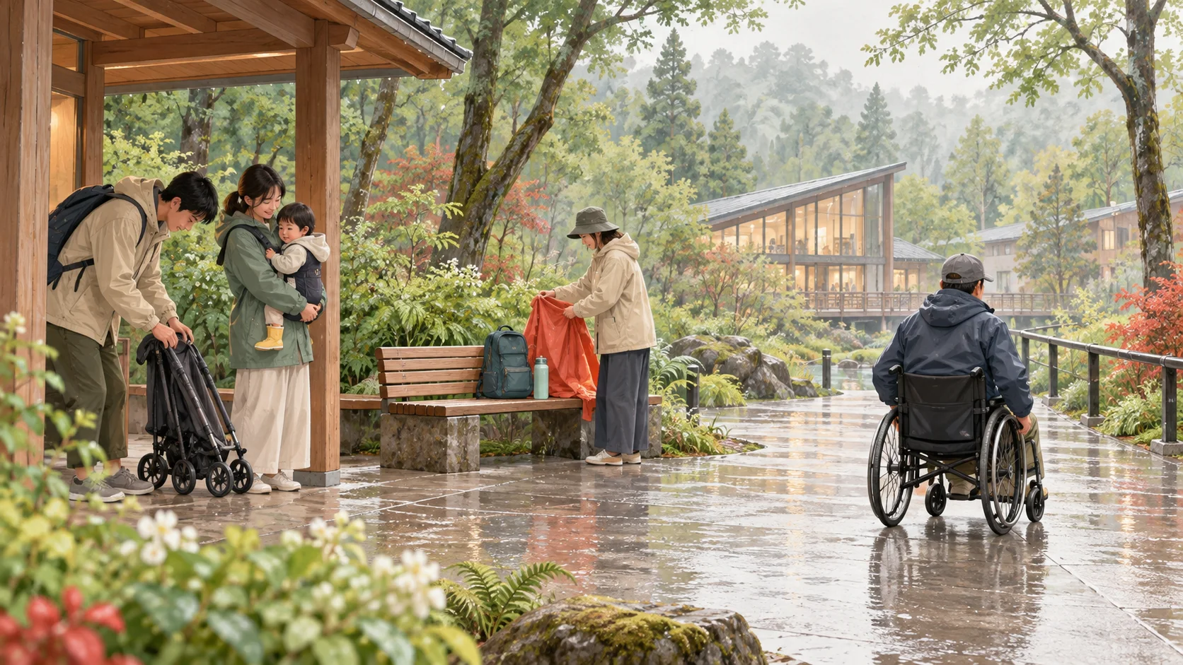 Under an eave in light rain, one adult folds a stroller and another holds a young child. A companion unfolds a raincoat beside a bench holding a backpack and water bottle, while a wheelchair user follows a wet path.
