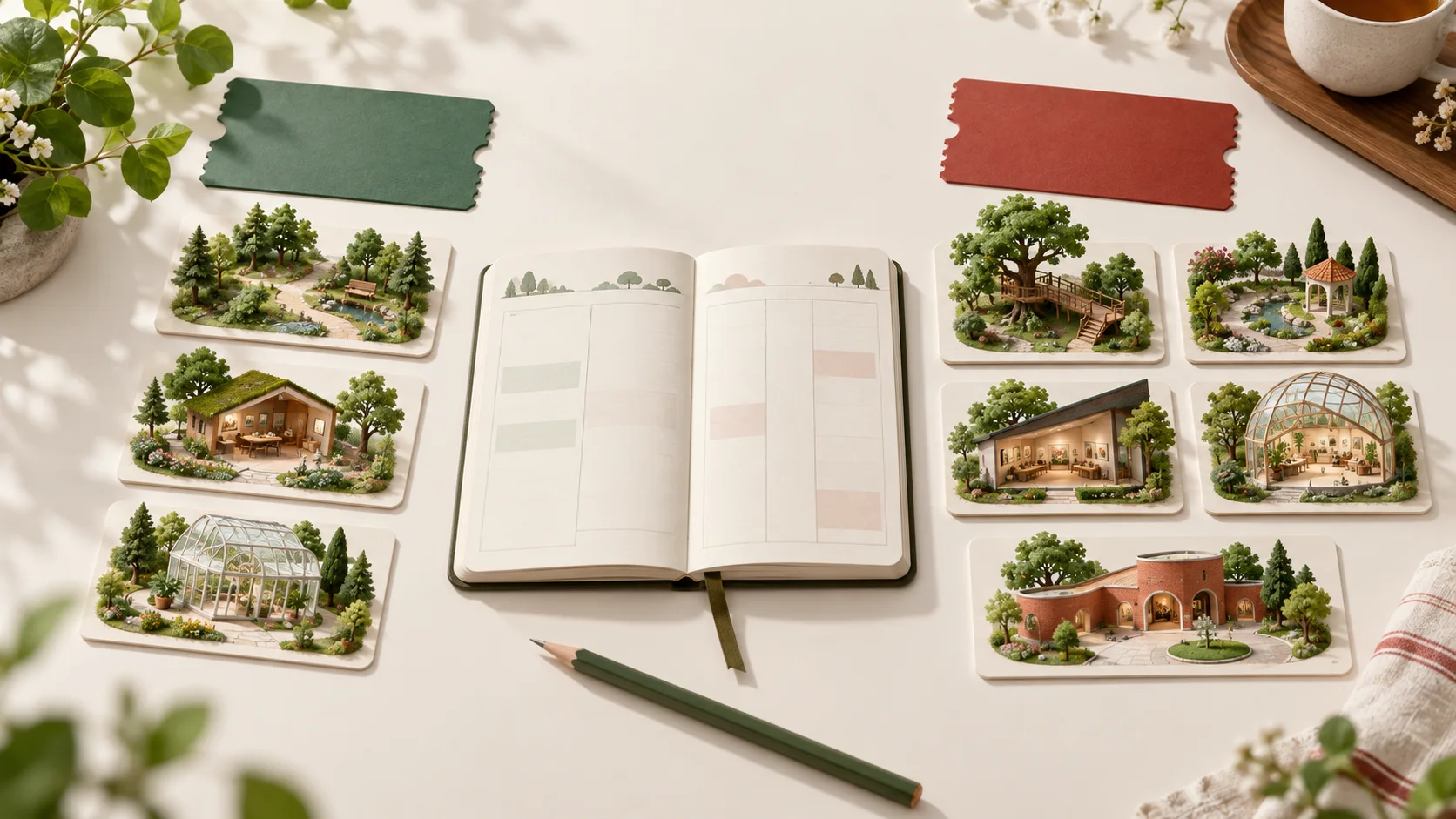A green ticket with three landscape cards sits opposite a red ticket with five; an open blank planner lies between them, and some models show interiors.