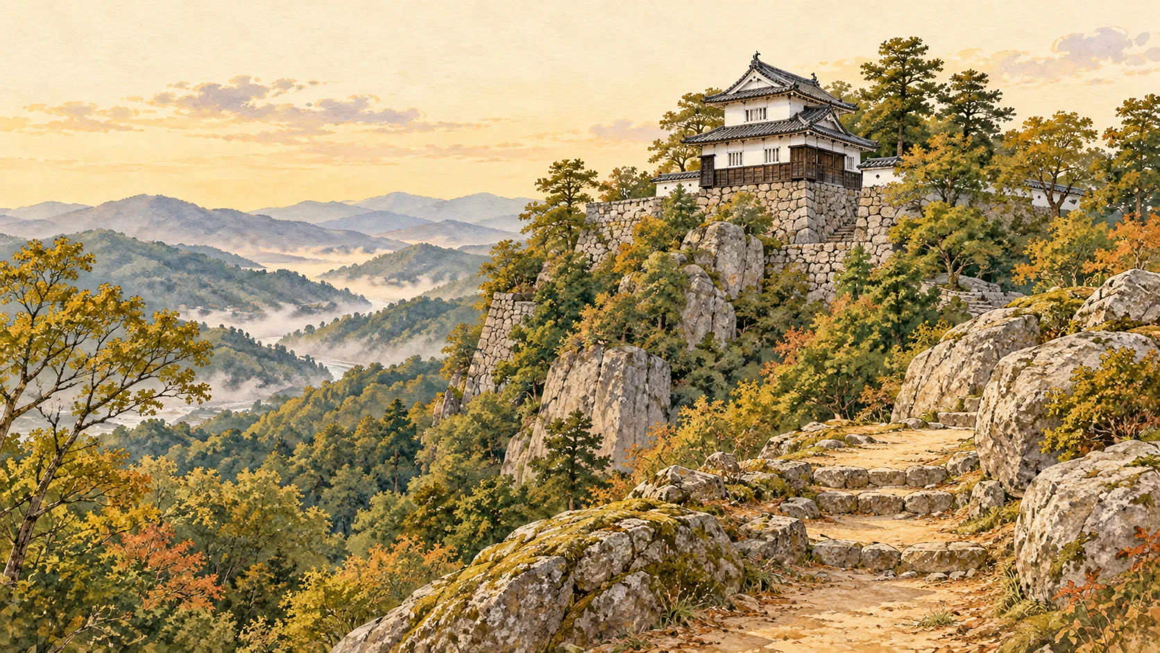 白牆木構的二層天守立在巨岩與石垣上，前方山路沿石階上行，遠處山巒間浮著薄霧。