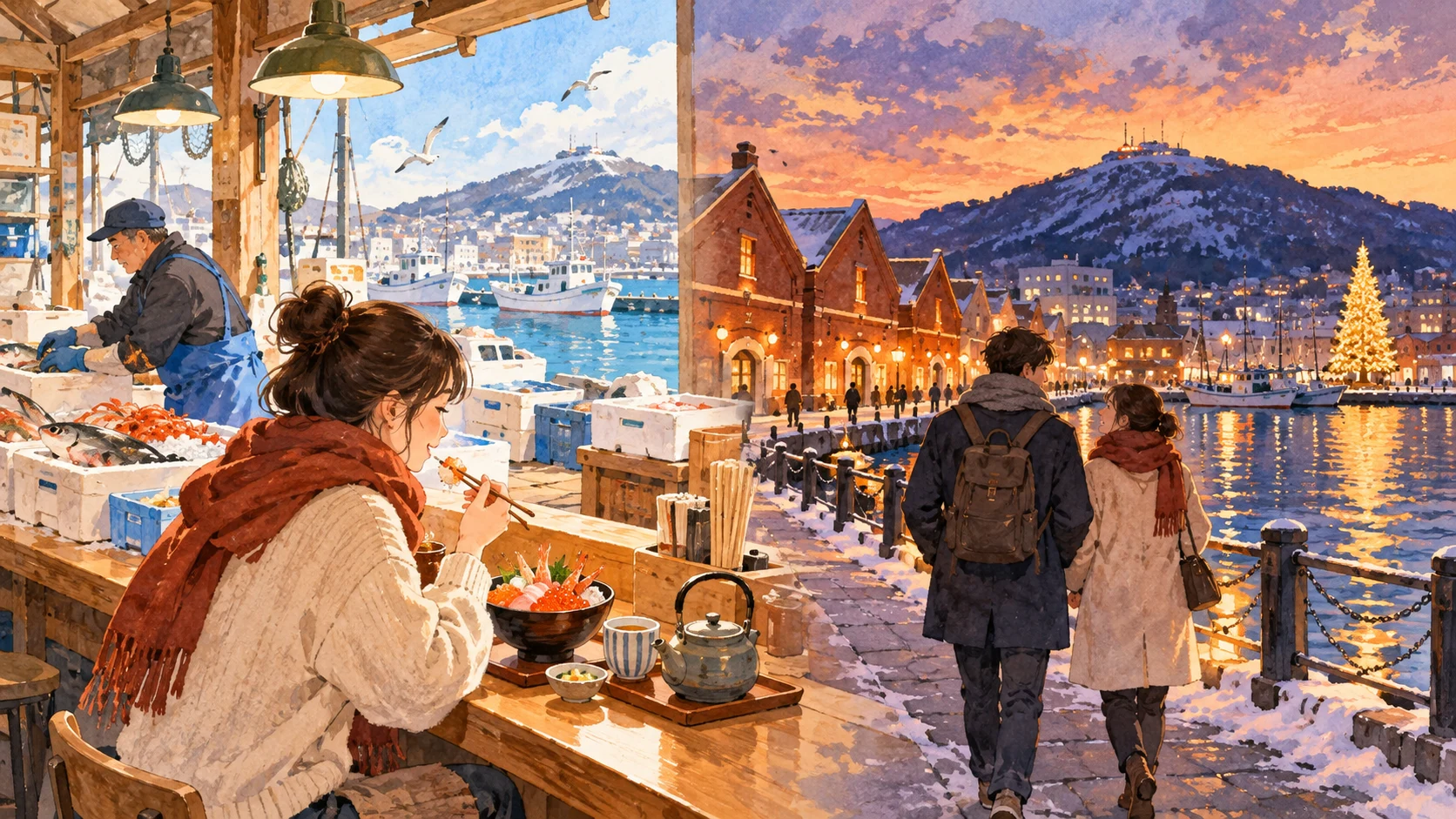 左で旅行者が朝の市場で海鮮丼を食べ、右では2人が薄雪の赤レンガの湾を歩き、遠くの明るいツリーが夕暮れの海に映る。