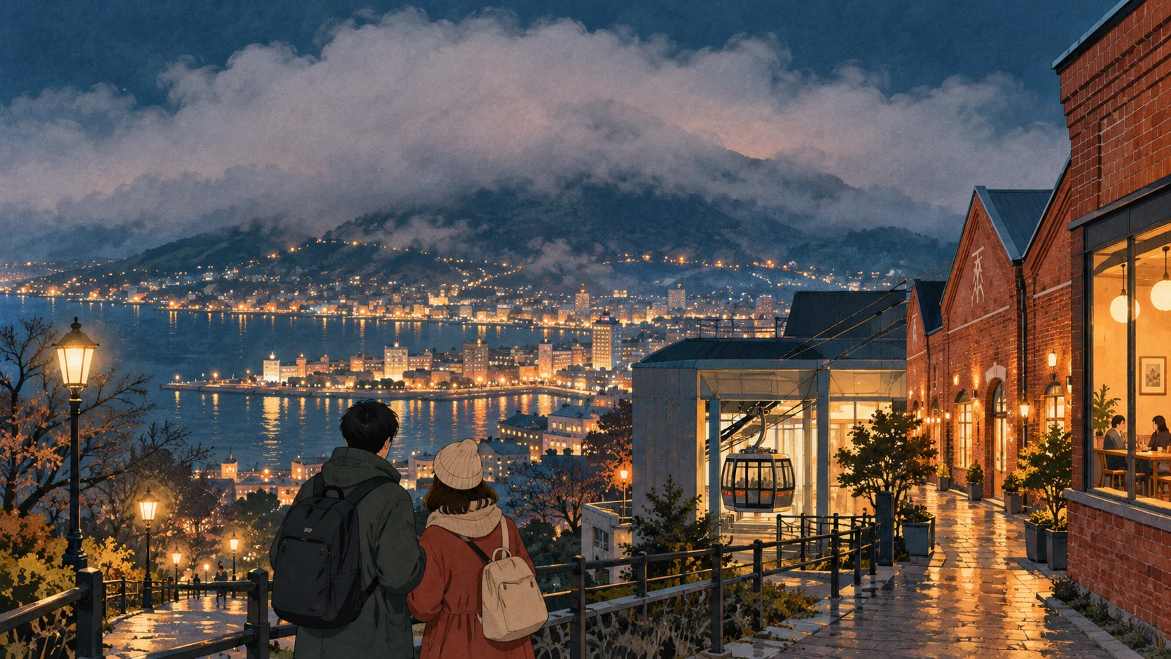 低い雲が遠くの山を隠し、濡れた坂の手すりで2人の旅行者が街を見ている。近くに索道駅を思わせる建物と明かりのついたカフェがある。
