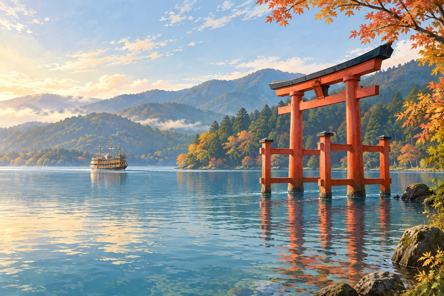 Ein rotes Torii im blauen See und ein entferntes Ausflugsschiff vor herbstlich bewaldeten Bergen.
