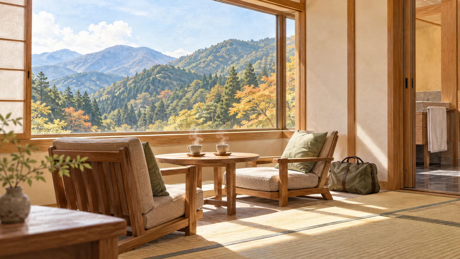 Zwei heiße Teetassen, zwei Stühle und eine Reisetasche in einem japanischen Zimmer, hinter dem Holzfenster gestaffelte bewaldete Berge.