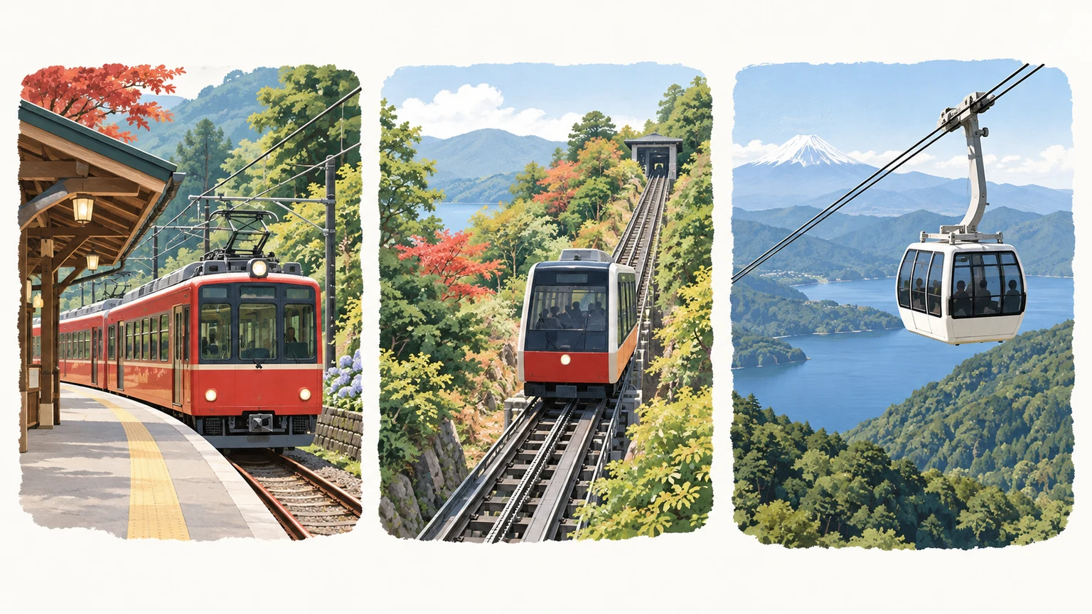Drei Bildfelder zeigen einen roten Bergzug, eine Standseilbahn auf geneigten Schienen und eine hängende Seilbahnkabine.