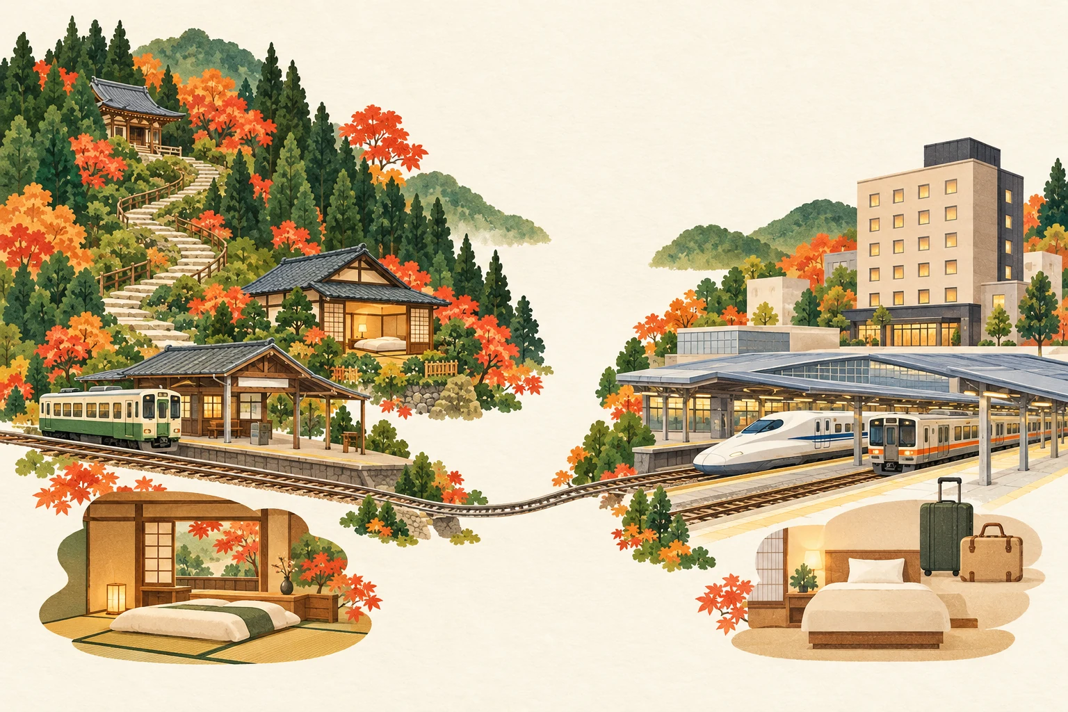 Zwei Seiten vergleichen eine japanische Unterkunft bei Tempelzedern und kleinem Bahnhof mit einem großen Bahnhof samt Shinkansen, Regionalzug und Hotel, verbunden durch Gleise.