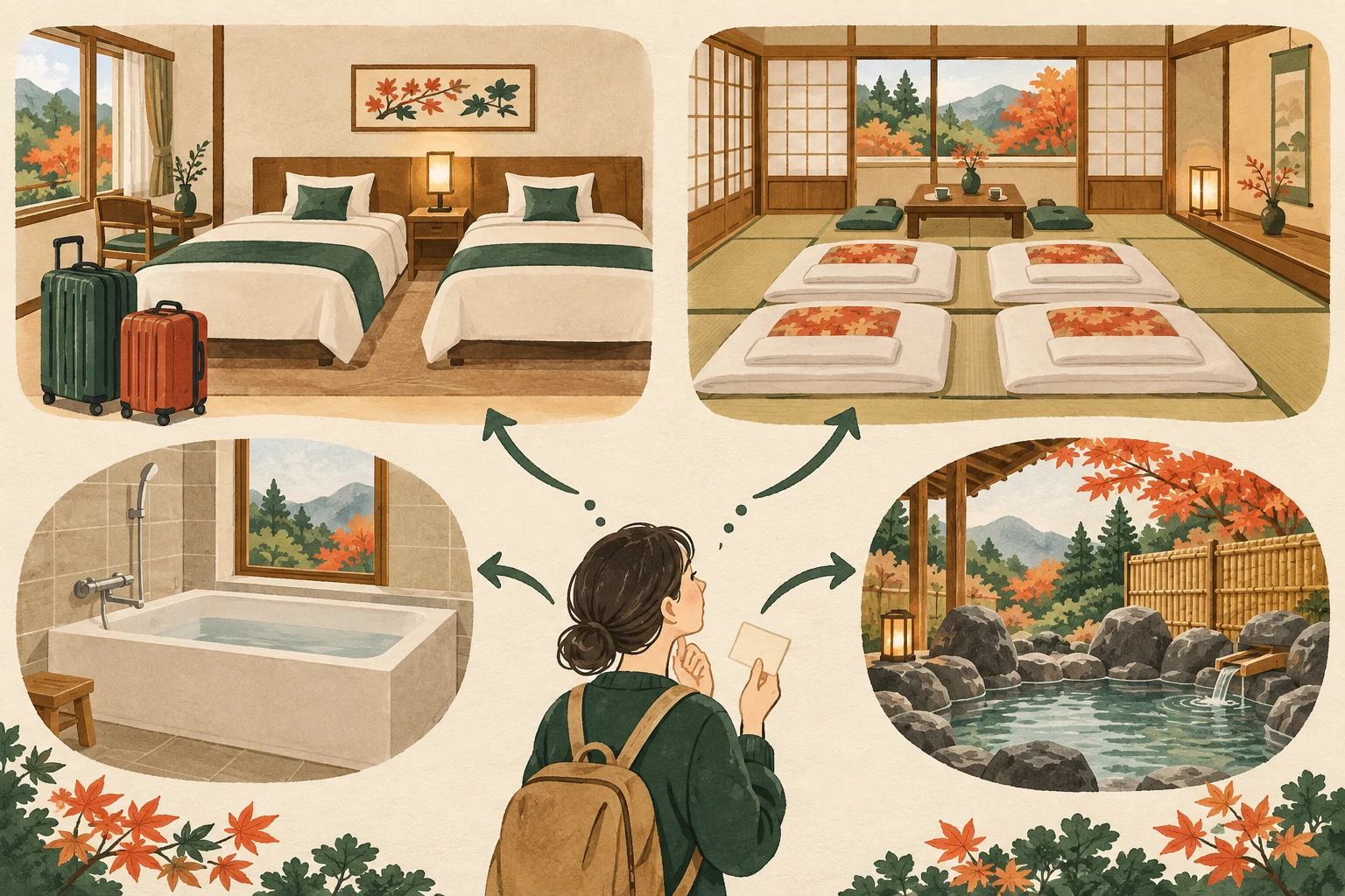 Eine Person hält eine Karte und vergleicht ein Zweibettzimmer, einen japanischen Raum mit vier Futons, eine normale Badewanne und ein steinernes Außenbecken.